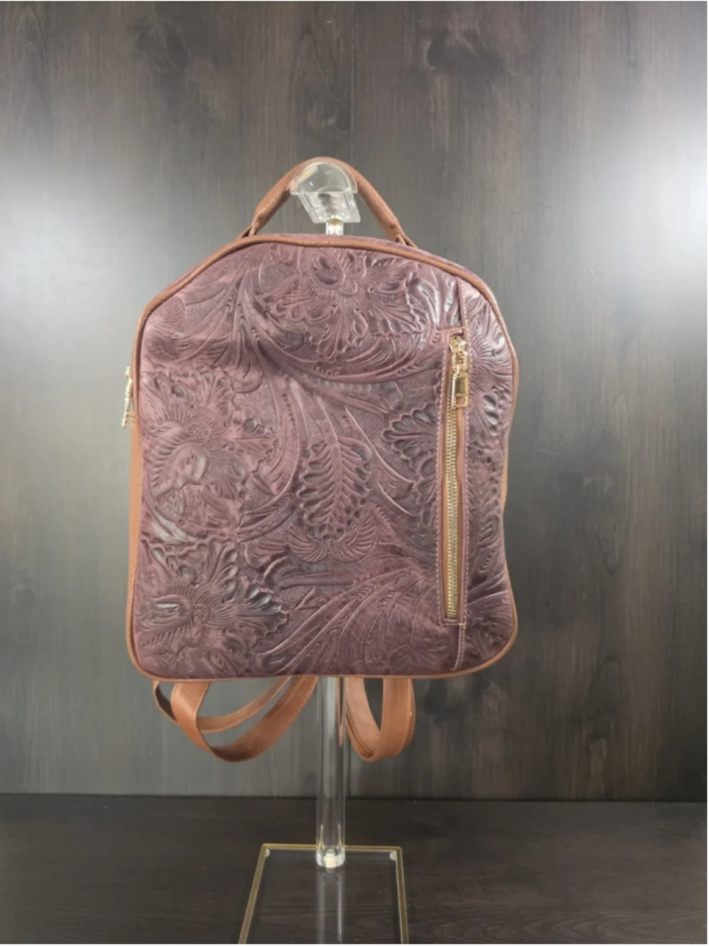 Burgundy Purple Wine Floral Embossed Tooled LEATHER Artisan Mexican Backpack Bag
